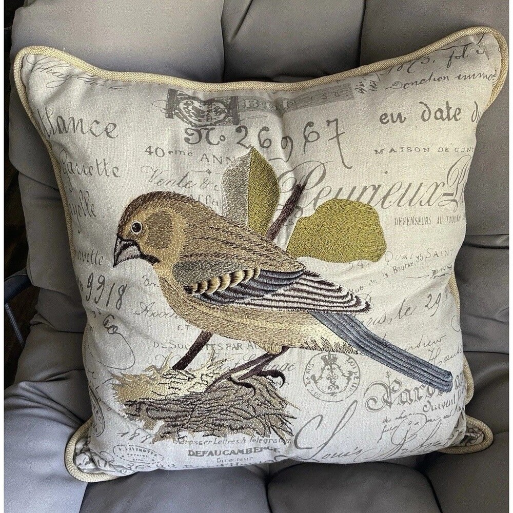 Embroidered Avian Bird Throw Pillow‎ 16x16” burlap/polyester/cotton French Word